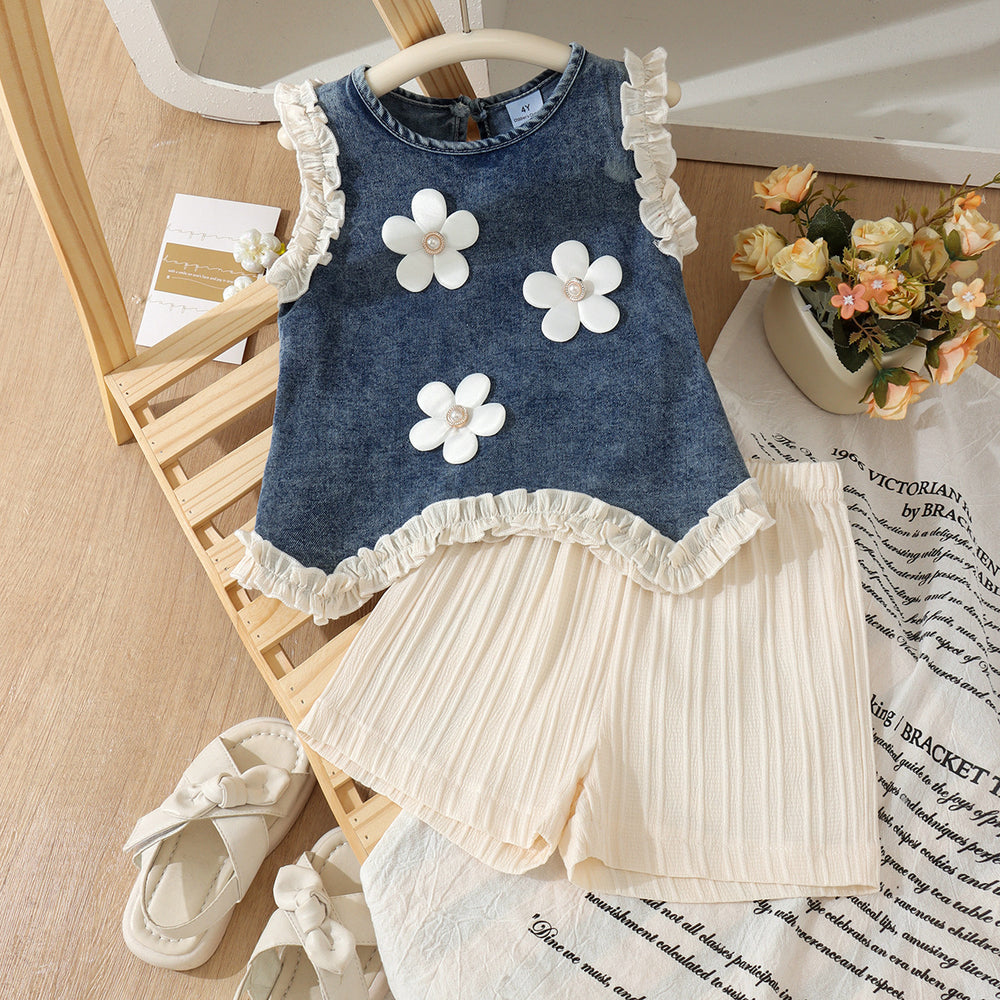 Children's clothing shein cross-border girl suit blue sleeveless top + white pants