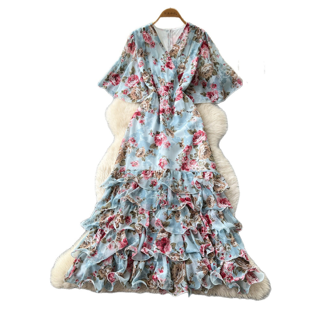 K-stylev neck floral multi-layer dress women's summer short sleevehigh waist cake skirt romantic style pinkelegant long skirt