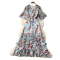 K-stylev neck floral multi-layer dress women's summer short sleevehigh waist cake skirt romantic style pinkelegant long skirt
