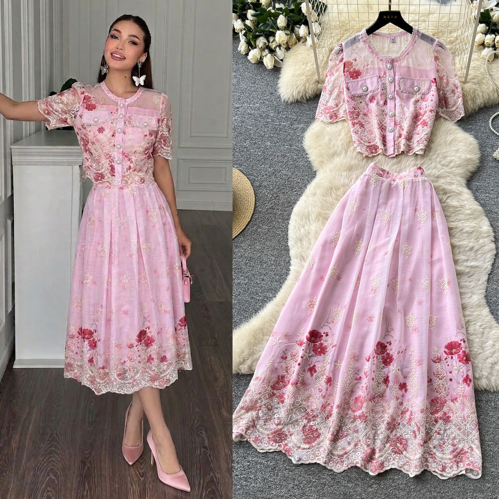 French chic floral print short sleeve embroidered two-piece set - women's summer casual slim fit age-defying outfit