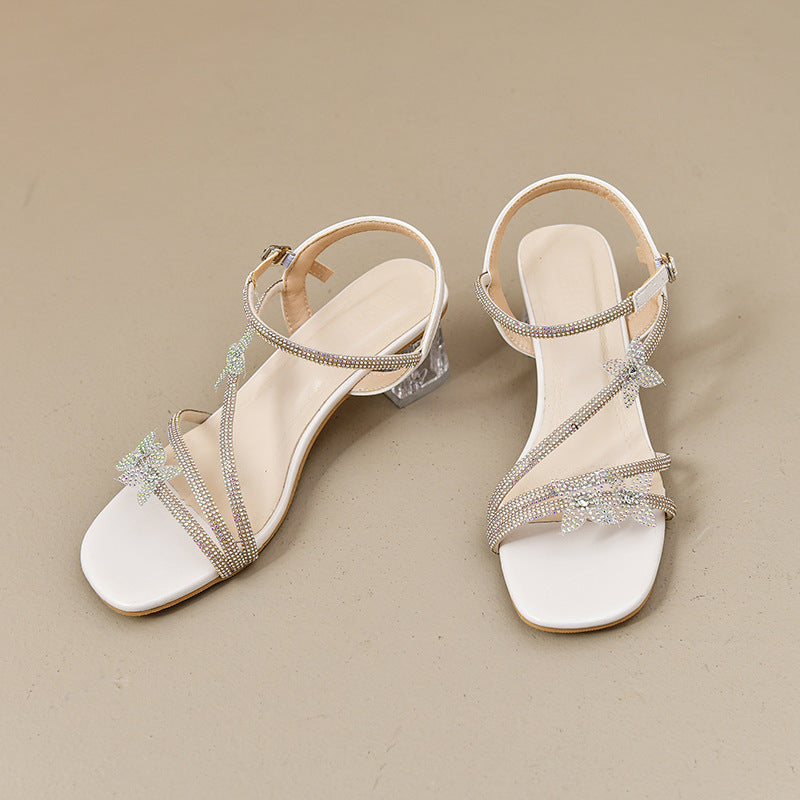 Silver high heel sandals women's summer dress fairy style crystal bow square toe open toe transparent chunky heel sandals
