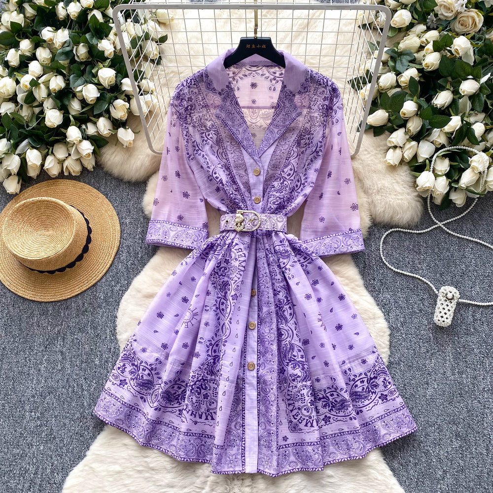 Frenchretrofashionable suit collar half length sleeves strap waist printingdress women's summer slimming look single-breasted short skirt