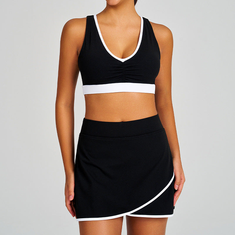 Color block ruched shockproof quick-dry shorts, fitness top, sports bra, underwear, yoga tennis skirt set for women