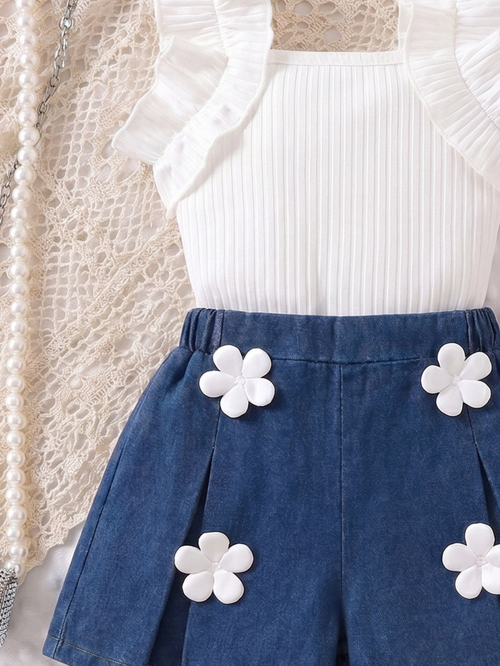 cross-border girls' fashion set: european & american style ruffle top + 3d floral washed denim jeans