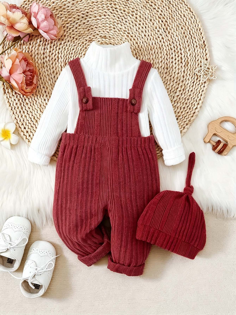 girl fashion style thickened brushed knitting turtleneck tops + overalls hat children's suit three-piece set
