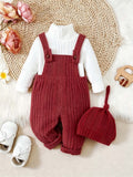 girl fashion style thickened brushed knitting turtleneck tops + overalls hat children's suit three-piece set