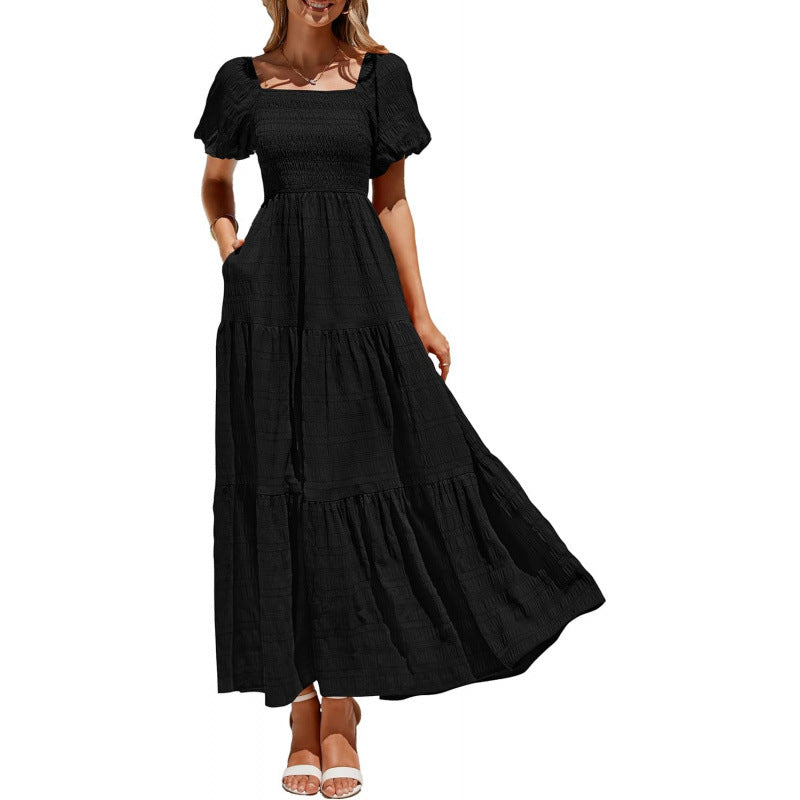 Amazon fashion short-sleeved square neck pleated dresssummernew arrivala-line elegant beach skirt
