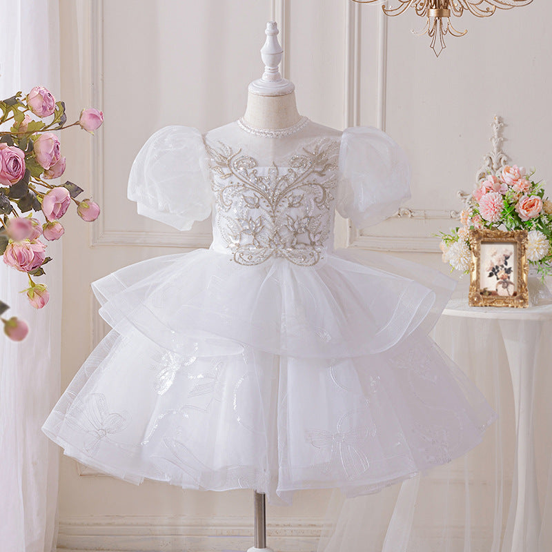 Girls' dresses flower girl wedding dresses tulle skirts children's day performance costumes hostess piano recital mid-length kids' princess dresses