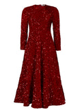 D469 cross-border new women's round neck long sleeve solid color sequin high waist elegant midi dress european and american style