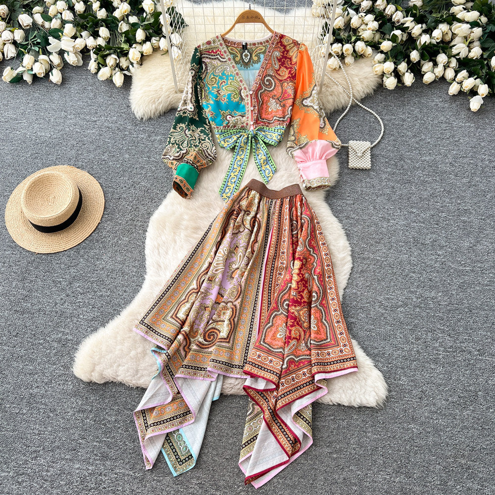 Vacation style printingtwo-piece set women's autumv neck three-quarter sleeve topsasymmetrical skirtelegantsuit