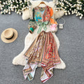 Vacation style printingtwo-piece set women's autumv neck three-quarter sleeve topsasymmetrical skirtelegantsuit