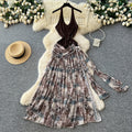Classy atmosphere retro leopard print patchwork slit suspender dress women's high waist strap long skirt niche stylesummer