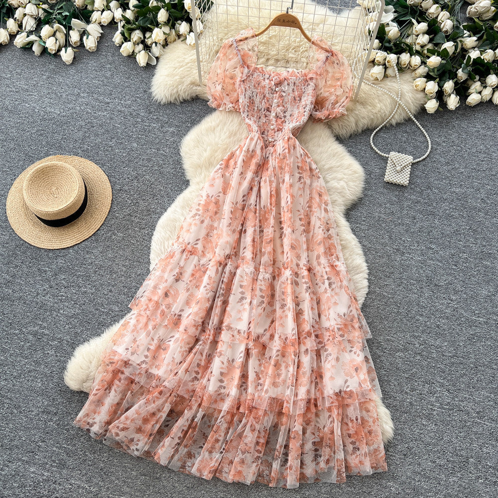 French gentle style puff sleeve floral dress women's summer k-style square collar high waist a-line elegant cake skirt slimming look