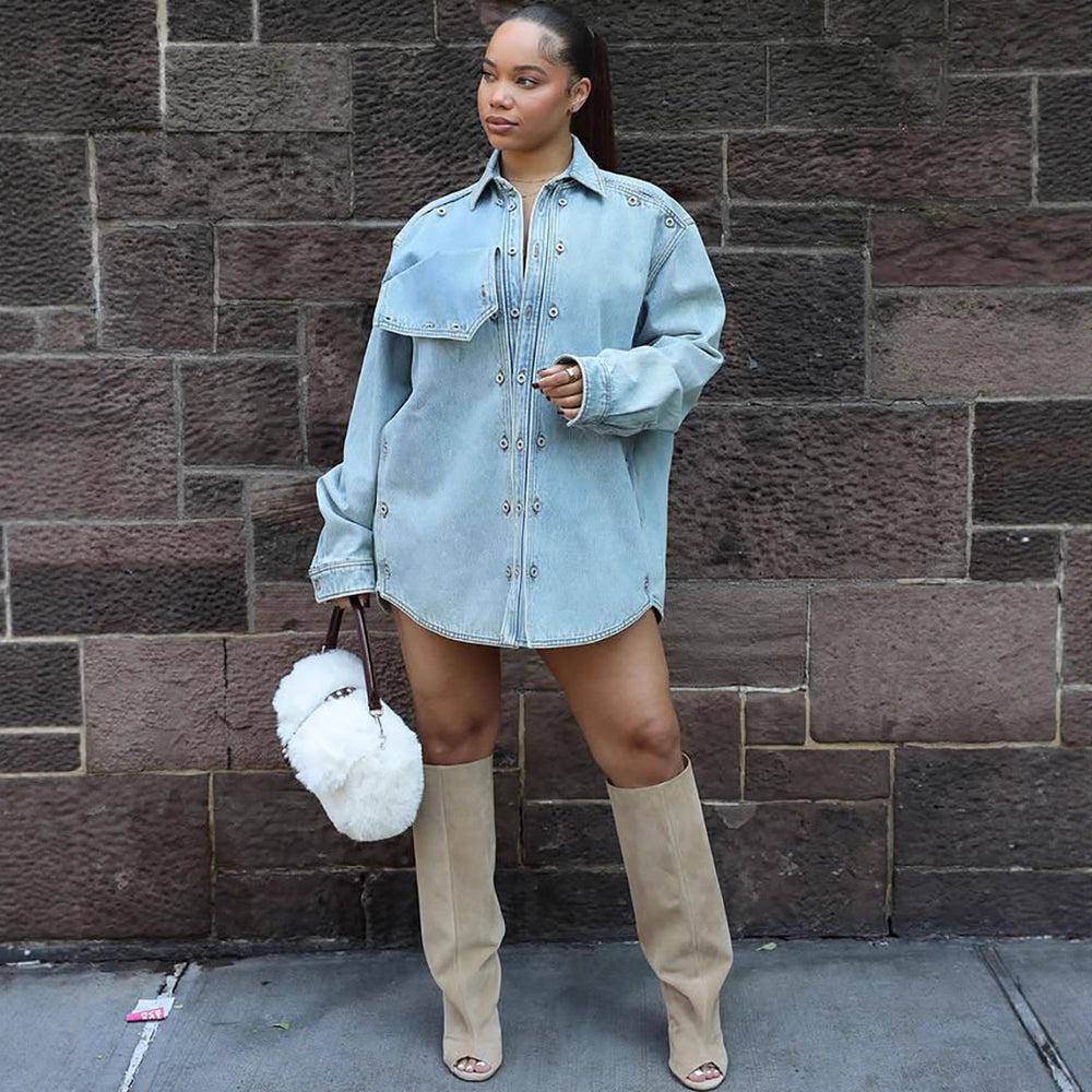European and american cross-border women's denim jacket,  foreign trade women's clothing, loose fit patchwork design, long sleeve jacket top