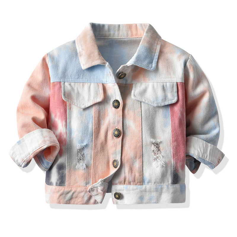 Wholesale foreign trade children's clothing: new tie-dye denim jacket for boys and girls, korean style cropped ripped top, kids' denim outfit
