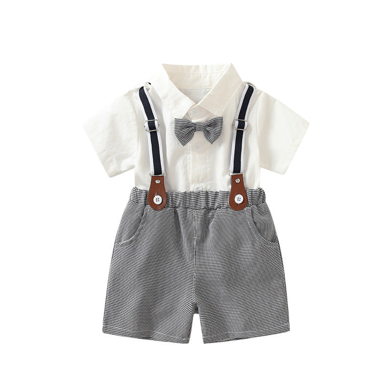 summer gentleman's kids' outfit: preppy style short-sleeve shirt and overalls two-piece set - wholesale for boys