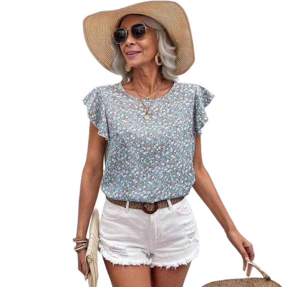 european and american women's clothing  summer round neck chiffon blouse - women's fashion trendy floral short sleeve top