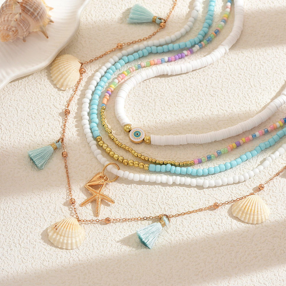 European and american cross-border jewelry: bohemian polymer clay beaded necklace, unique starfish and seashell pendant layered necklace for women