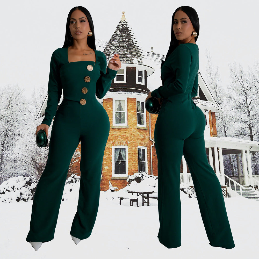C7201 cross-border   fashion women's long-sleeve arm-hugging pants slim-fit solid color jumpsuit