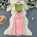 Frenchcontrast colorv neck sleeveless sweetdress women's spring and summerhigh waist silmslimming look a-line skirt work clothingelegant long skirt
