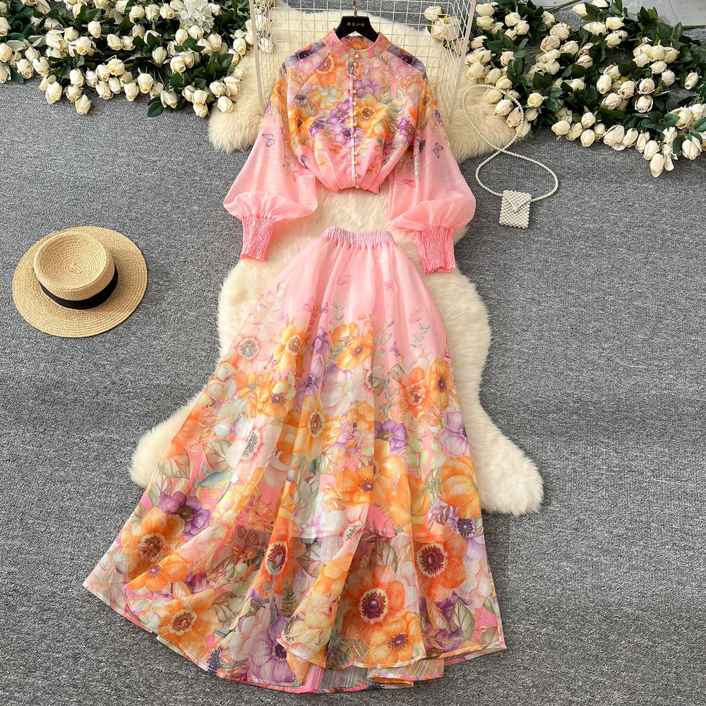 Fashion celebrity printingsuit women's vacation style stand collar lantern sleeve slimming lookshirthigh waist long skirt