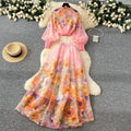 Fashion celebrity printingsuit women's vacation style stand collar lantern sleeve slimming lookshirthigh waist long skirt