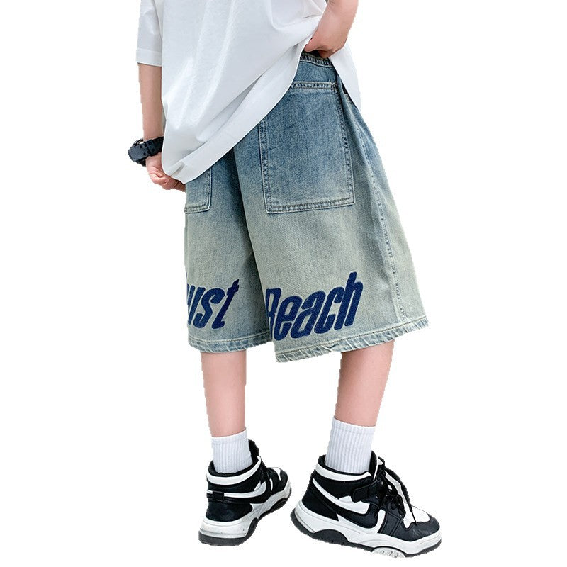 Boys' summer denim shorts - lightweight, loose-fit, mid-length shorts for kids - stylish letter print for older boys