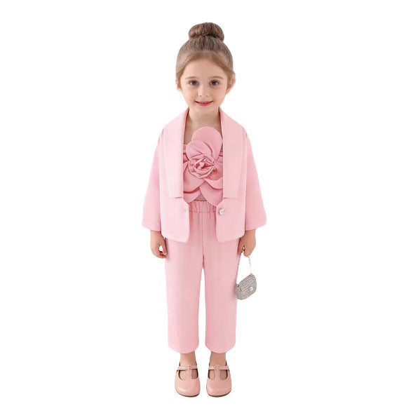 Amazon fashionfall and winternew arrivalfemale middle childsuitpure color lapel outwear with vest flower pants three-piece set
