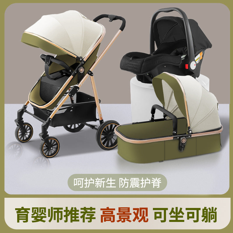 Three-in-one baby stroller, lightweight, foldable, sit-down, reclining, high-view, sleeping blue, reversible newborn baby stroller