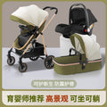 Baby stroller - convertible pushchair, reclining seat, extra long & wide, large sleeping space, blue folding stroller, four-wheel baby carriage, pram