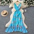 French riviera style blue floral print cami dress - women's summer dress, sweet & sexy v-neck, cinched waist, elegant maxi dress
