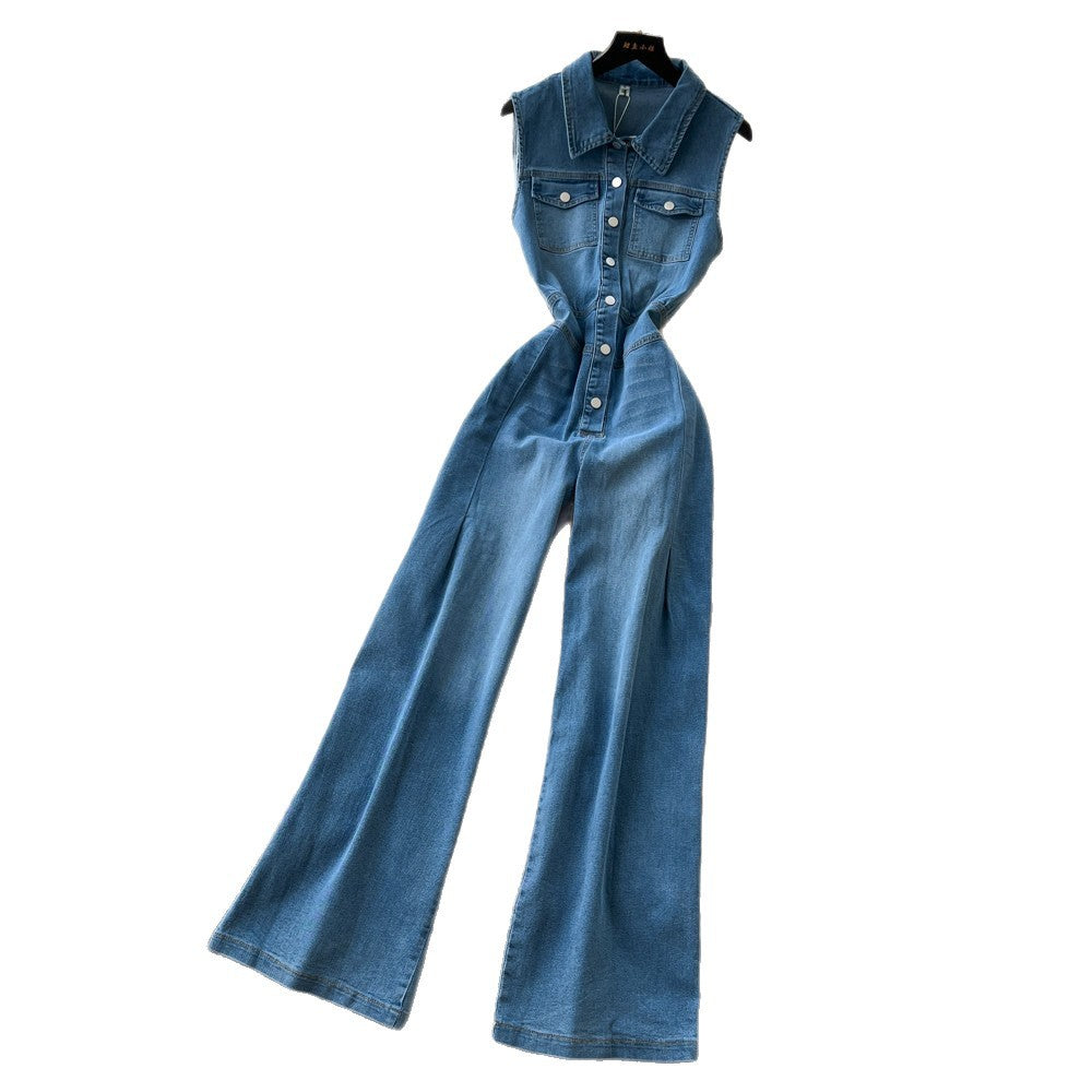 Commuting style casualsilm denim jumpsuit women's summerstraight-legpants sleeveless lapel button waist slimming look