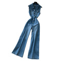 Commuting style casualsilm denim jumpsuit women's summerstraight-legpants sleeveless lapel button waist slimming look