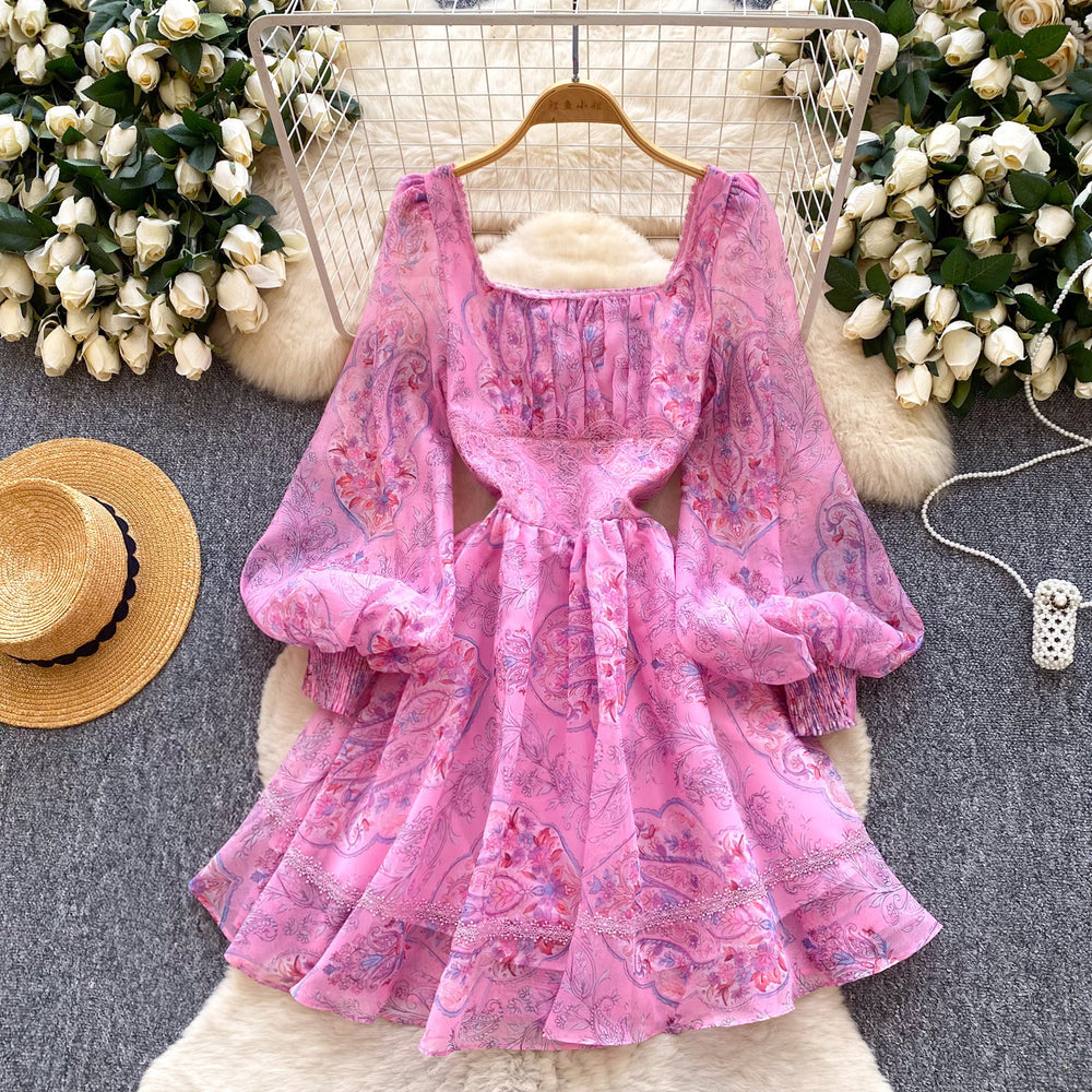 K-style lantern sleeve square collar printingdress women's summer waist small silm type a-line skirt work clothing short skirt