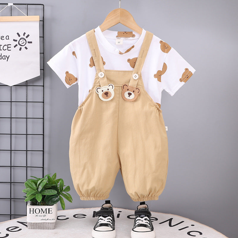 Children's summer overalls two-piece set for boys and girls, 0-5 years old, all-over print crew neck short sleeve outfit