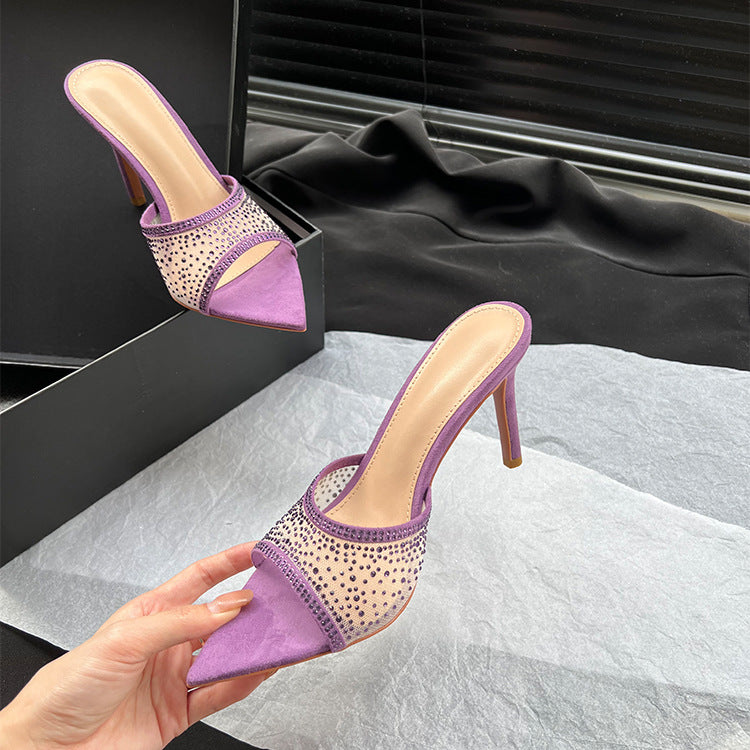 Yx open-toe pointed-toe mesh rhinestone sexy thong sandals women's 2026 summer outdoor elegant stiletto high heel sandals