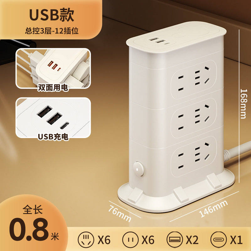 Multi-functional usb power strip socket - dorm room student power strip with long cord, home office desk panel with clock and night light