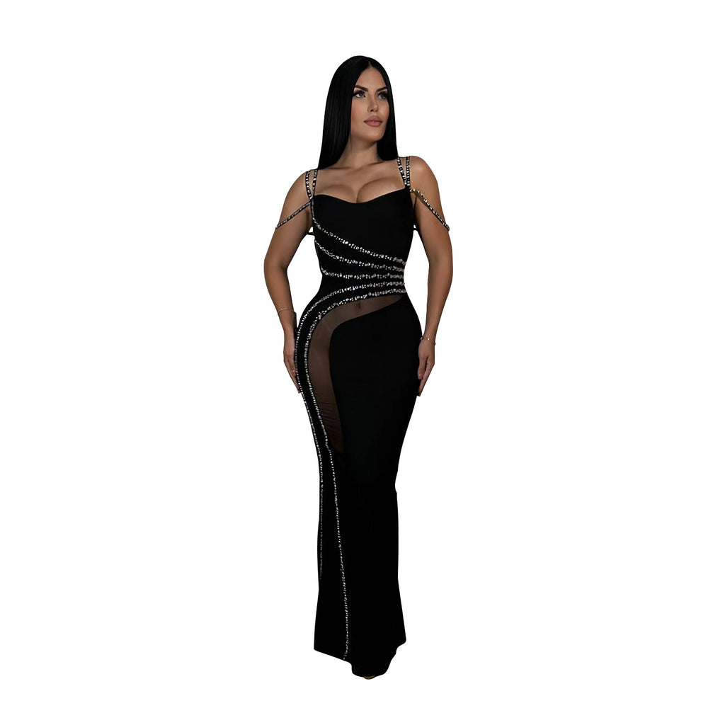 C7027 cross-border   independent station fashion women's hot diamond solid color mesh dress new