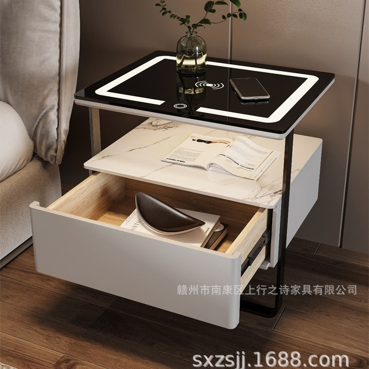 Smart white bedside table - minimalist bedroom nightstand with rock slab texture, tempered glass, solid wood, wireless charging, and storage