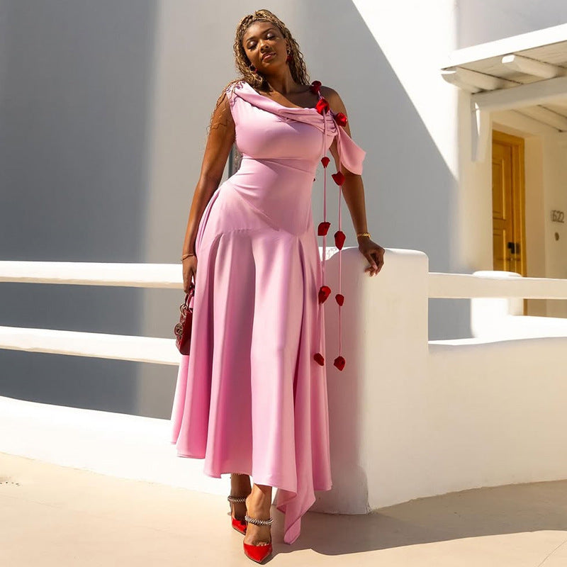 European and american cross-border women's fashion  summer new arrival: elegant pink floral off-the-shoulder mid-length evening gown dress