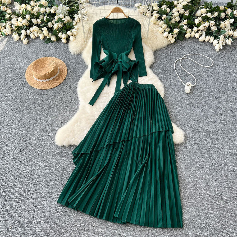 fashion style miyake pleated tie back waist asymmetrical hem pleated tops pleated skirt suit for women
