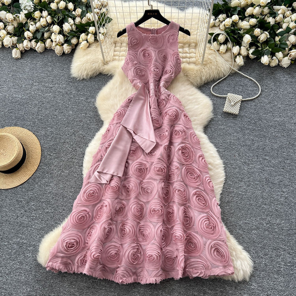 High-end elegant women's dress -  summer french style, heavily embellished 3d floral, cinched waist, sleeveless evening gown maxi dress