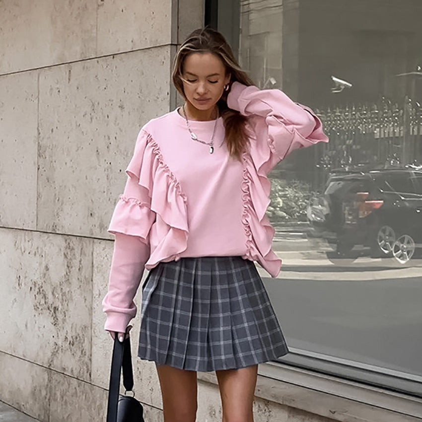 Design ruffle edge American sweater 2025 spring street pink round neck long sleeve pullover loose women's clothing