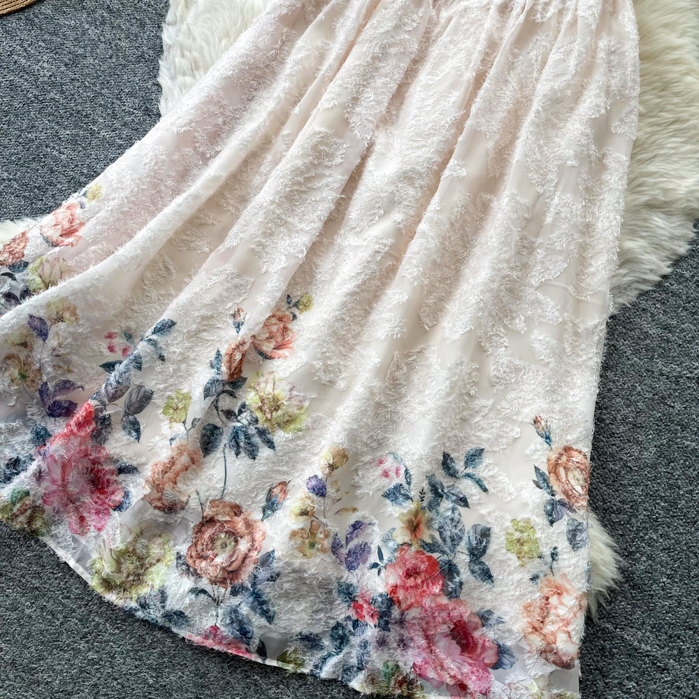 Vacation style floralsprintingsweetdress women's summer flying sleeves square neck high waist silmdraped large hem long skirt