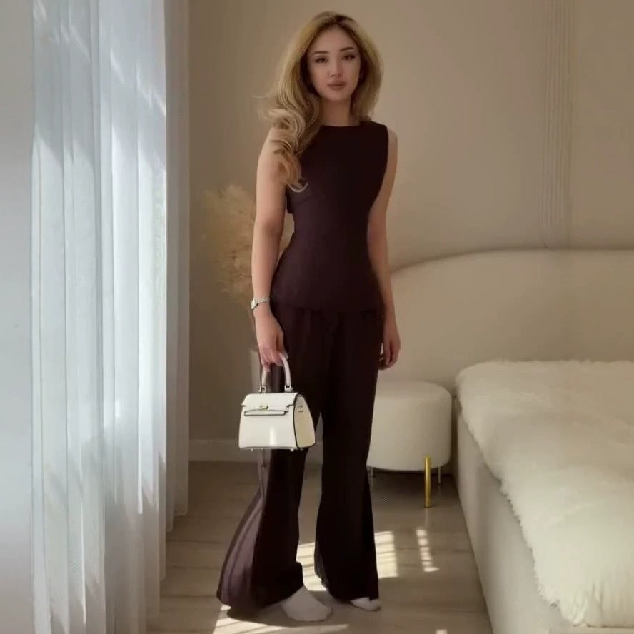 Amazon cross-border export women's clothing new boat neck sleeveless slim vest topscasualslimming look wide leg pants suit