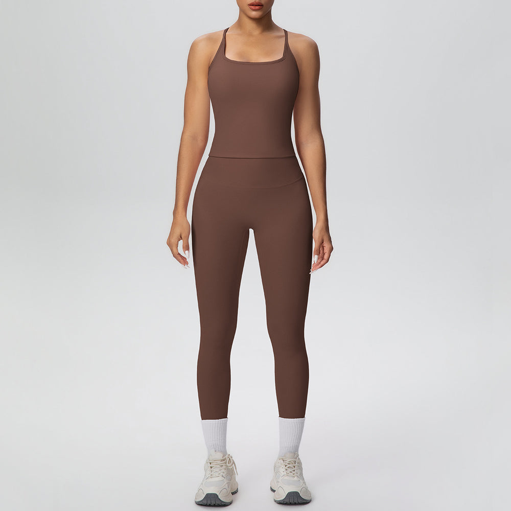 New arrival cross-border brushed back tight i-shaped back high waist yoga suit sports running fitness two-piece set