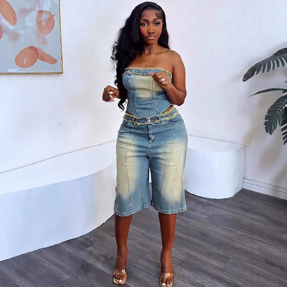 European and american style women's denim set -  cross-border fashion: raw hem bandeau top & high-waisted denim shorts