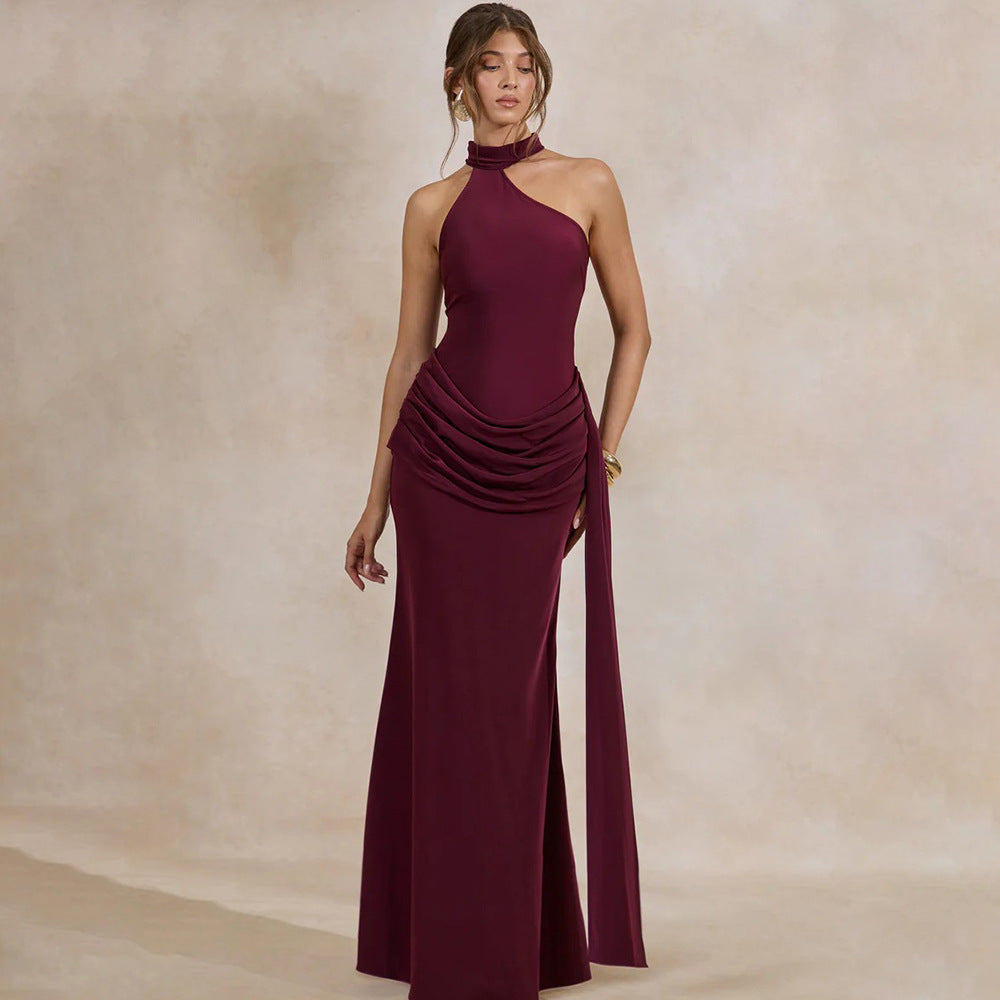 Amazon  autumn new arrival: elegant, socialite-style halter neck sleeveless irregular pleated waist tie-up dress