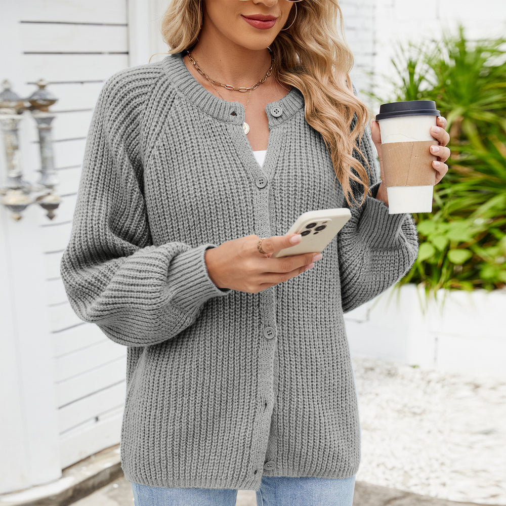 Fashion cross-border export women's clothing new arrival   loosecasual round neck sweater one-row button tops trendy