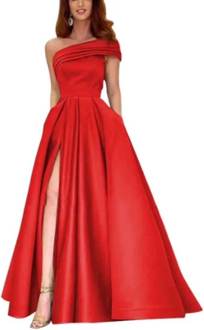 Export one-shoulder satin dress  evening dress birthday party tutu skirt green high slit sexy jumpsuit